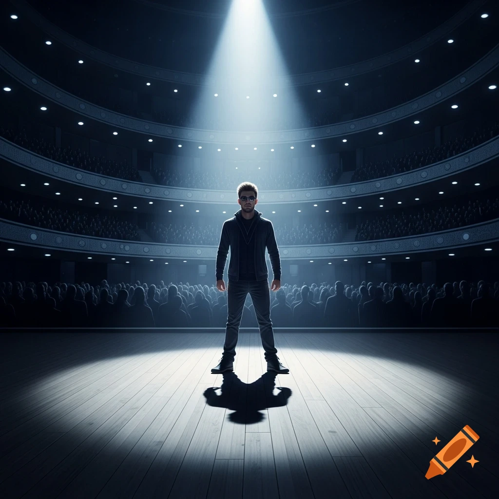 A man in dark clothes and sunglasses stands confidently on a wooden stage under a bright spotlight, facing a shadowy audience in an auditorium.