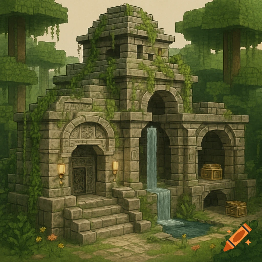 A blocky, moss-covered stone temple in a dense jungle with a waterfall, reminiscent of Minecraft style.