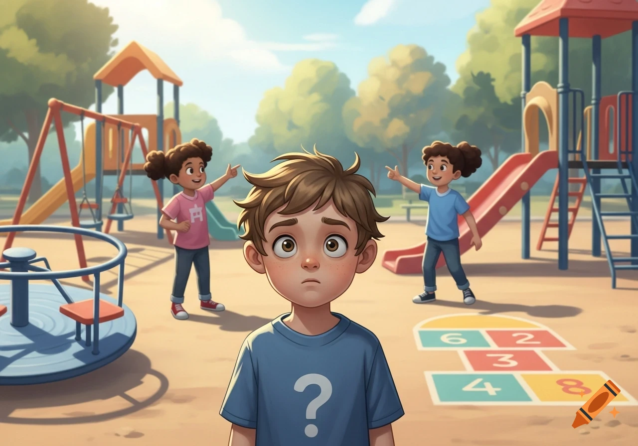 A cartoon boy with a confused expression and a question mark on his shirt stands in a playground. Two other children in the background point at him.