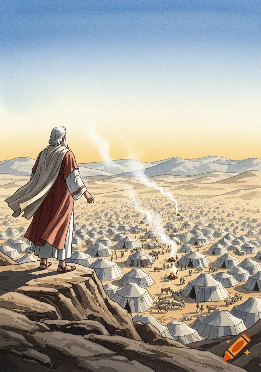 Watercolor illustration of Moses on a rocky ridge, looking down at a vast Israelite camp in a desert valley.