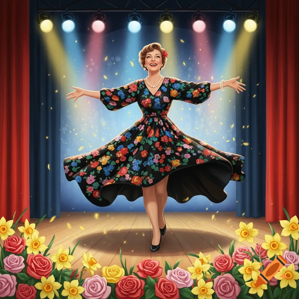 Joyful lady in a floral dress dances on a stage with colorful lights, roses, and daffodils, in vintage musical poster style.