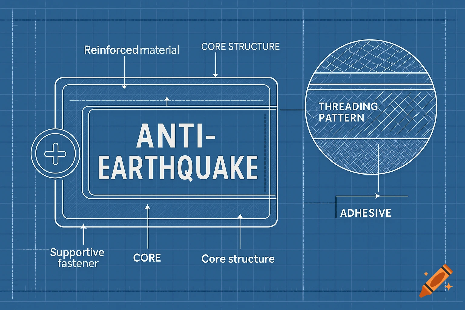 A blueprint diagram detailing an anti-earthquake structure with labeled components and a magnified view of a threading pattern.