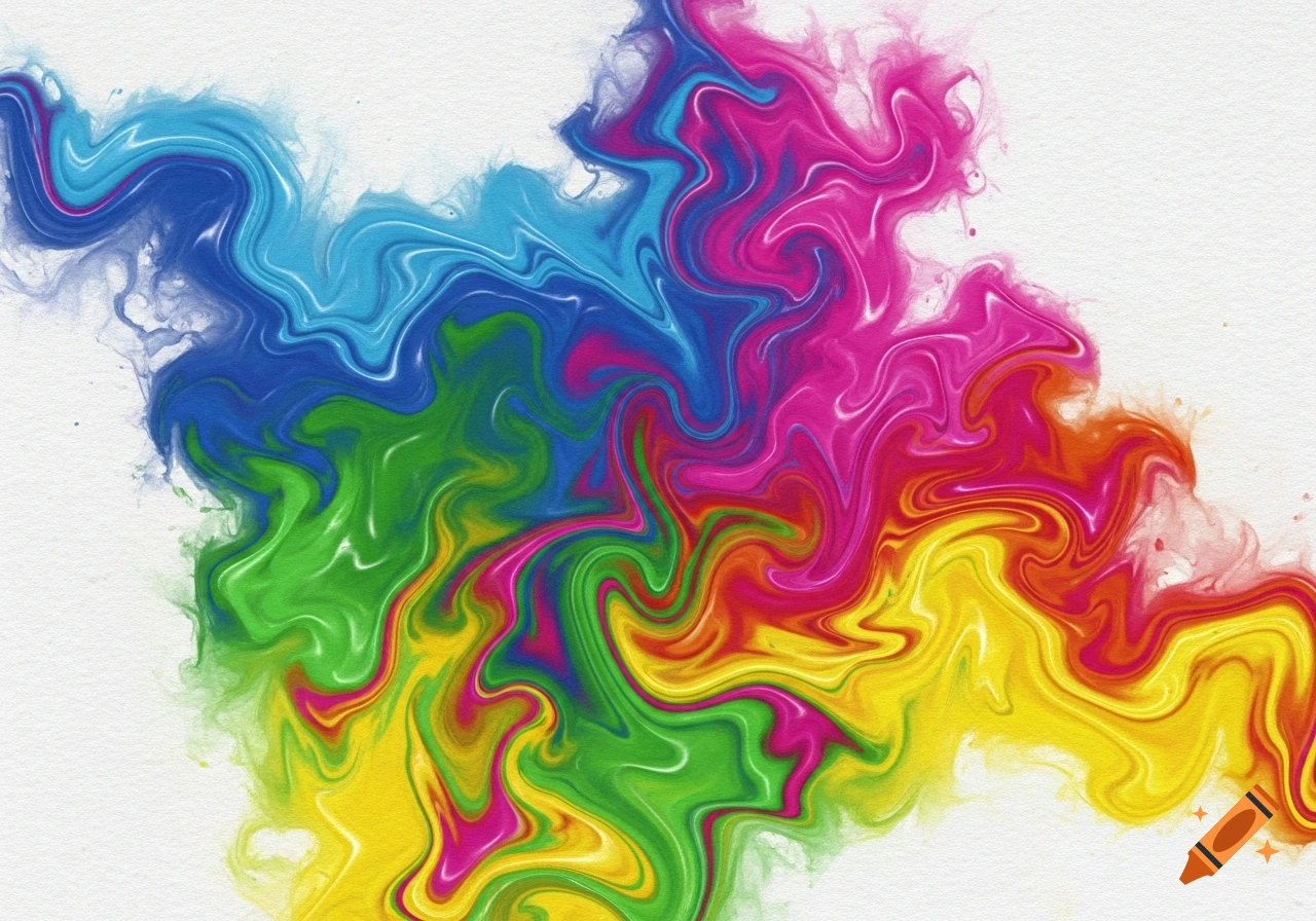 Abstract swirl of vibrant blue, green, yellow, pink, red, and orange fluid paint on a textured white background.