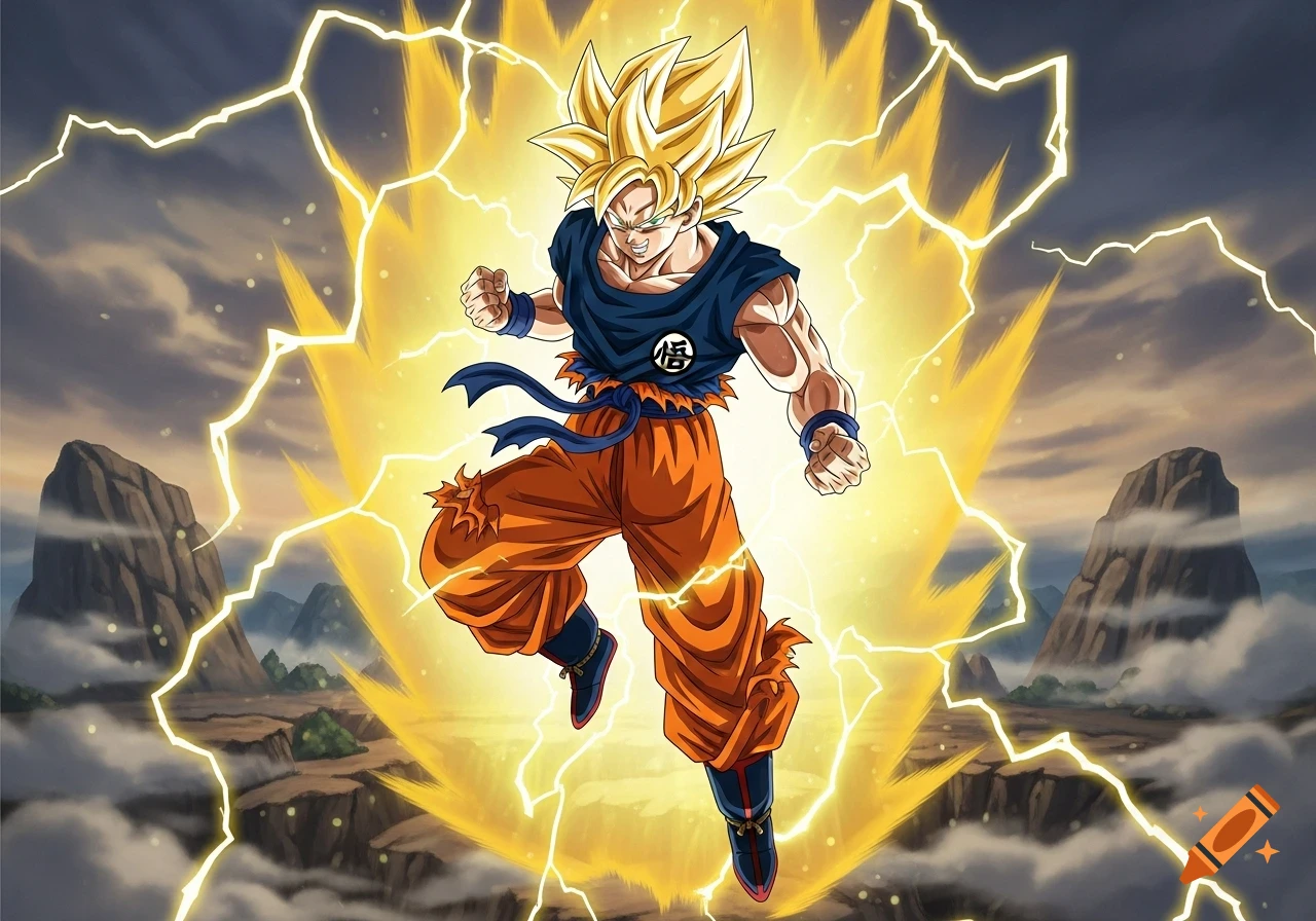 Goku in Super Saiyan form, surrounded by yellow energy and lightning, against a mountainous and cloudy background.