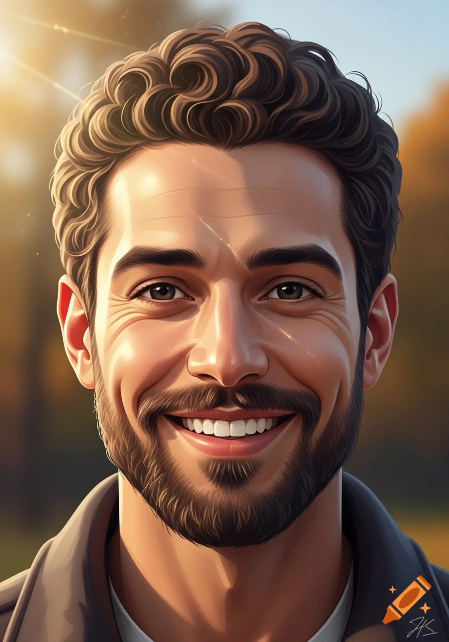 Digital art portrait of a smiling man with curly brown hair and a beard ...