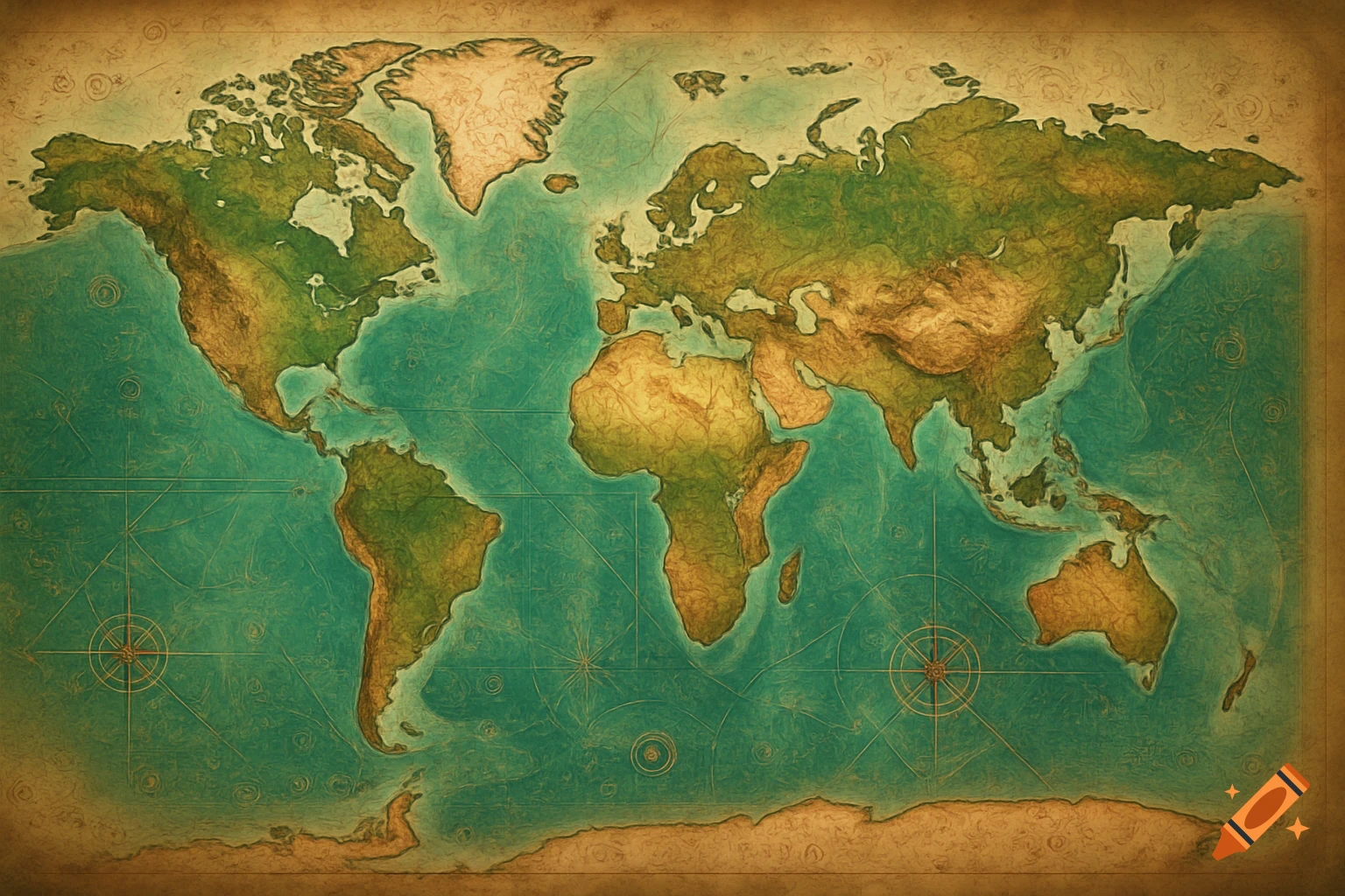 A stylized vintage world map with green and brown continents on a teal ocean background.