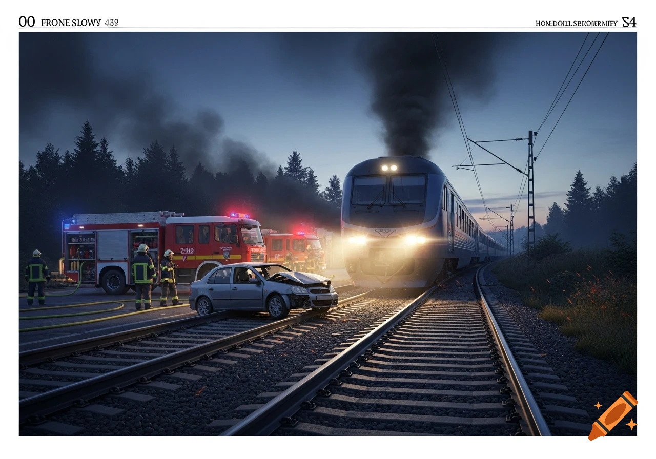 A dramatic scene of a train accident at dusk, with a damaged car on the tracks, a train approaching, and firefighters attending the scene. Smoke rises from the crash site.