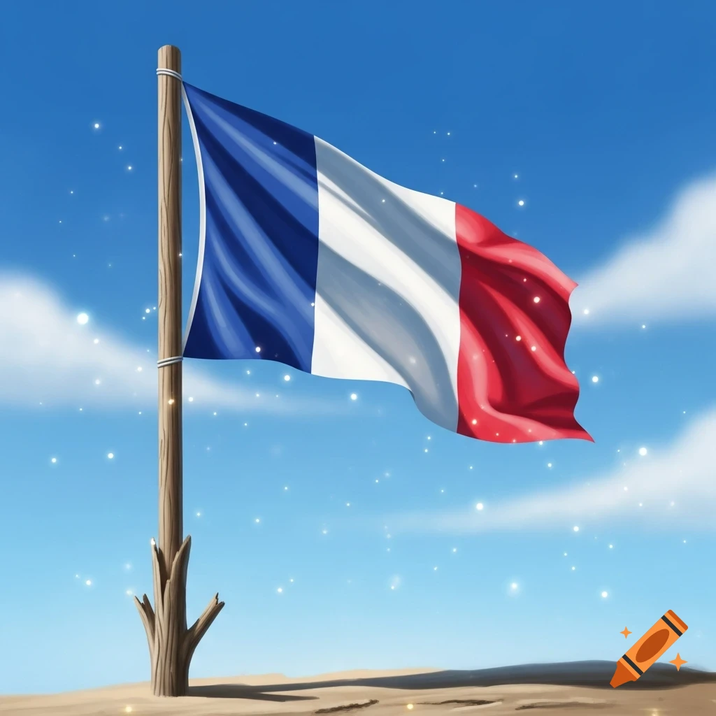 Illustrative French flag waving on a wooden flagpole against a blue sky with sparkling dust over sandy ground.