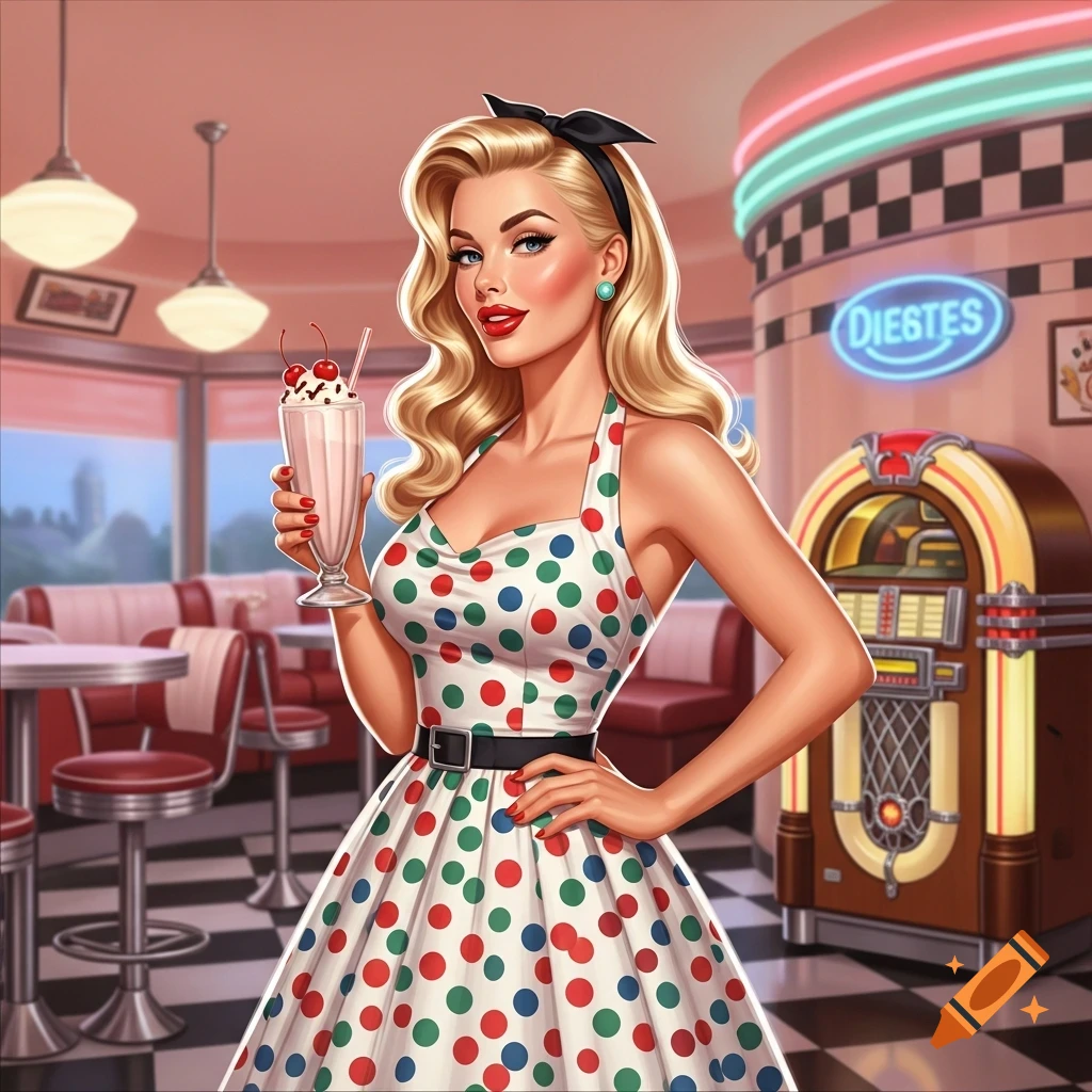 A blonde pin-up style woman in a polka dot dress holds a milkshake in a retro diner illustration.