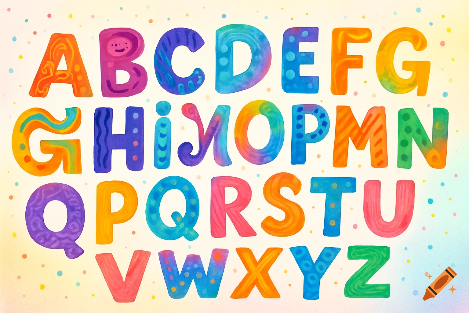 A complete set of colorful, illustrated uppercase English alphabet letters (A-Z) on a light background with dots.