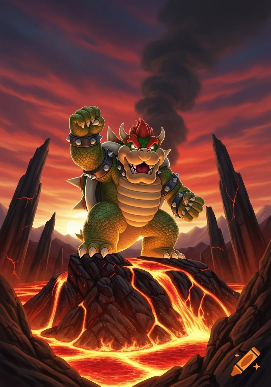 Bowser stands menacingly on a rock in a lava-filled landscape with a red sky, raising his fist.