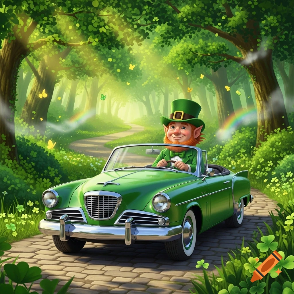 A cartoon leprechaun in a green suit and top hat drives a vintage green convertible car down a cobblestone forest path with clovers and rainbows.