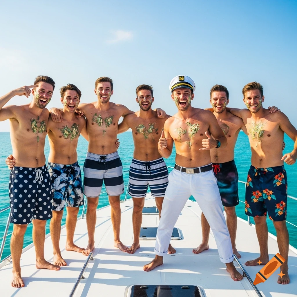 Seven smiling shirtless men on a boat, some with green substance on their chests and faces, one wearing a captain's hat.