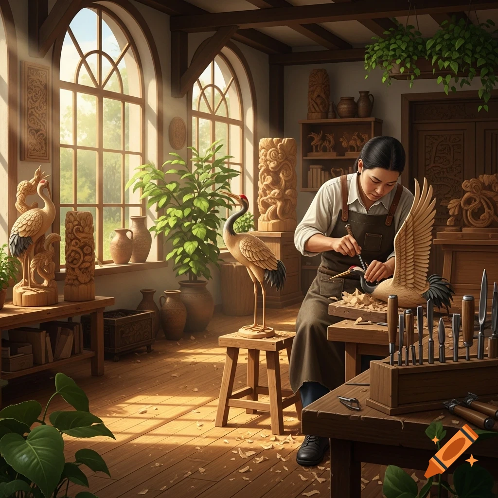 A person carving a wooden bird in a sunny workshop, surrounded by other wooden sculptures and plants.