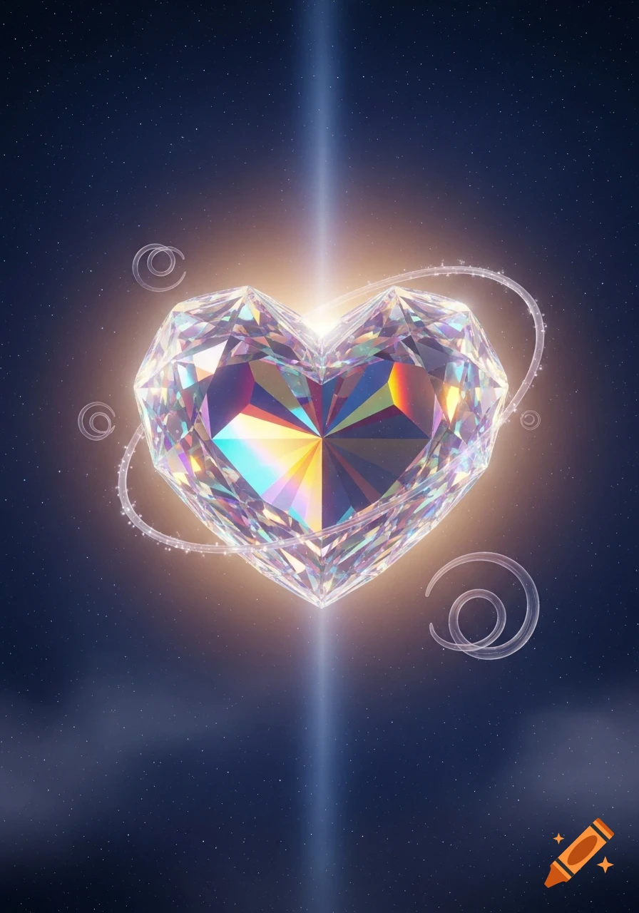 A luminous, multi-faceted diamond heart sparkles against a dark, star-filled cosmic background with a vertical beam of light.