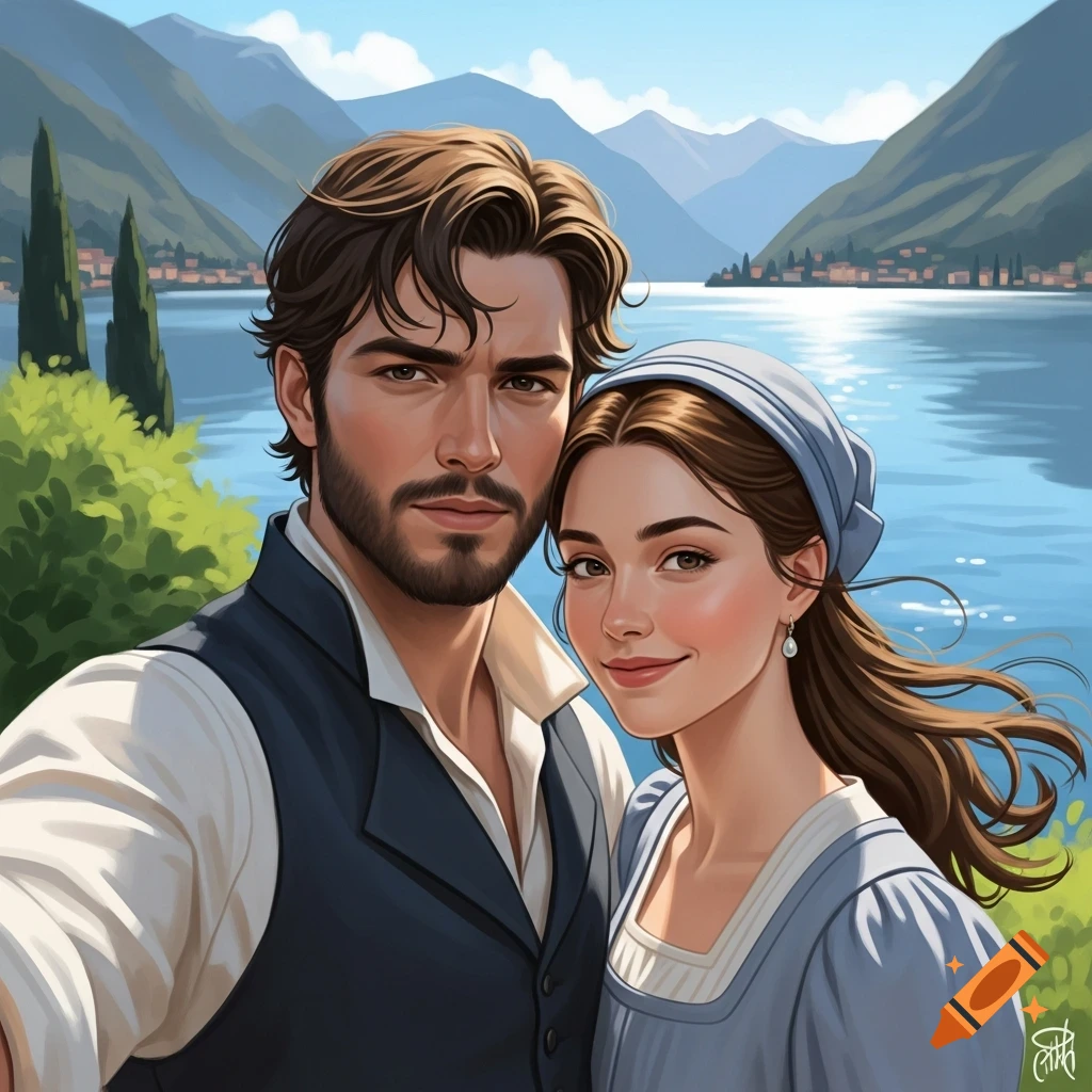 A stylized illustration of a man and woman in period clothing posing for a selfie by a large lake with mountains in the background.
