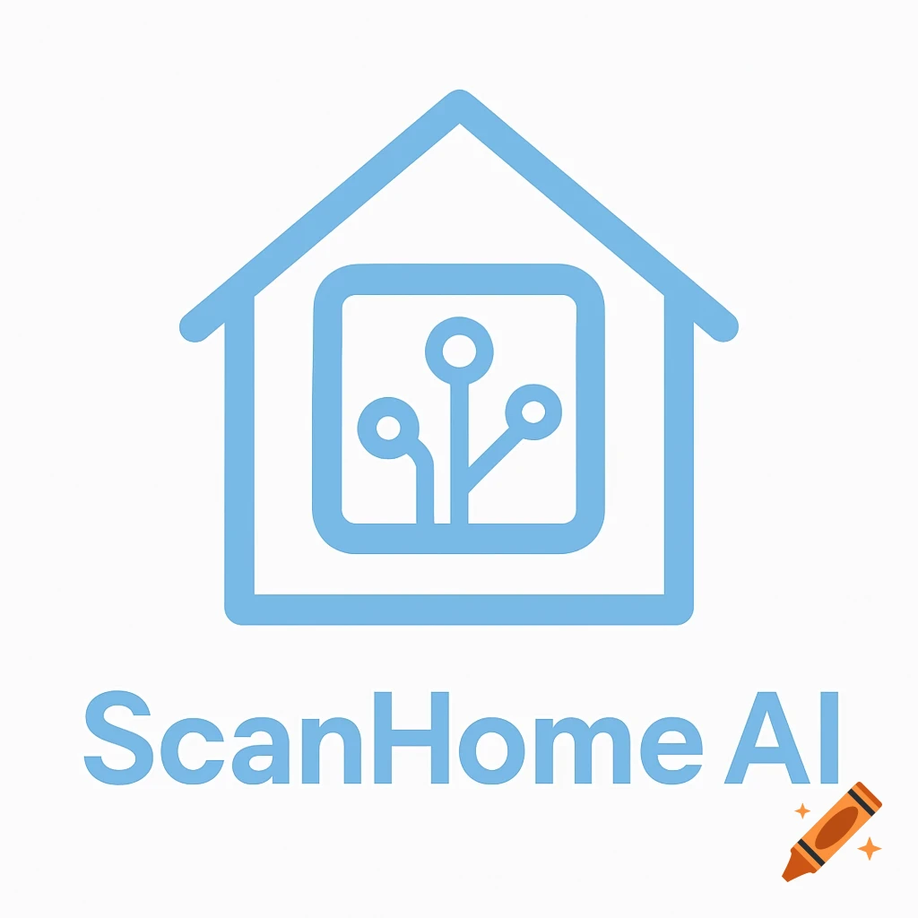 A minimalist light blue and white tech logo for 'ScanHome AI', featuring a house icon with a circuit board symbol inside.