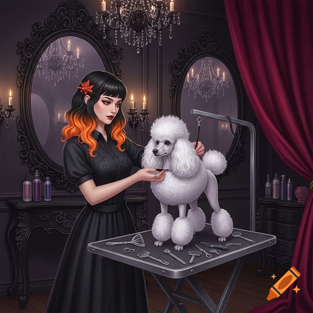 A dark-haired woman with orange tips grooms a white poodle in a gothic salon, surrounded by ornate mirrors and chandeliers.