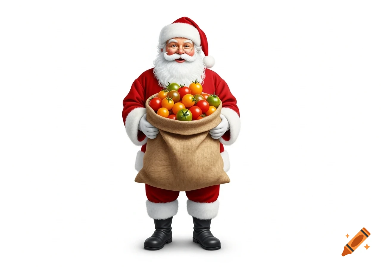 A smiling, photorealistic Santa Claus holds a burlap sack filled with red, yellow, orange, and green cherry tomatoes.
