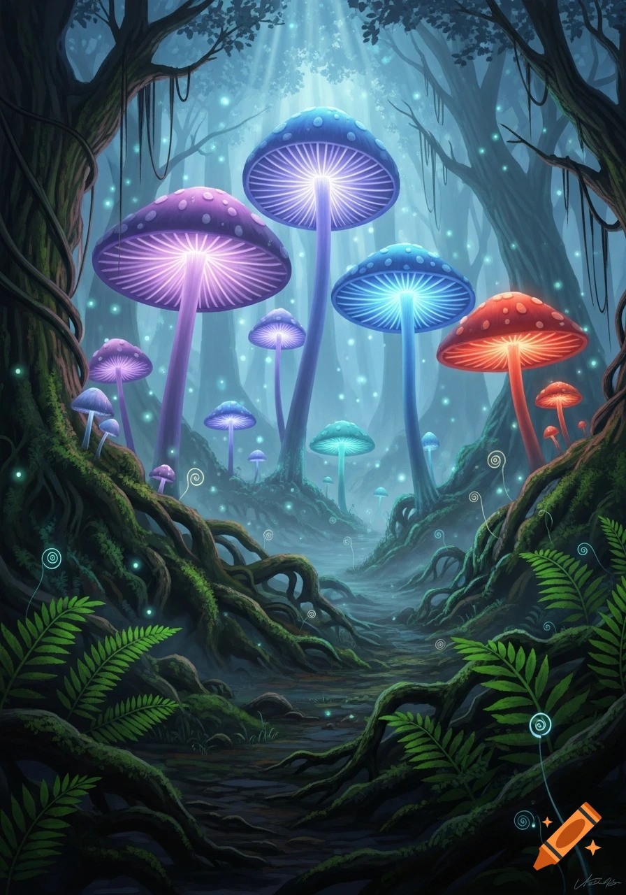 A vibrant fantasy forest scene featuring large, glowing mushrooms in ...