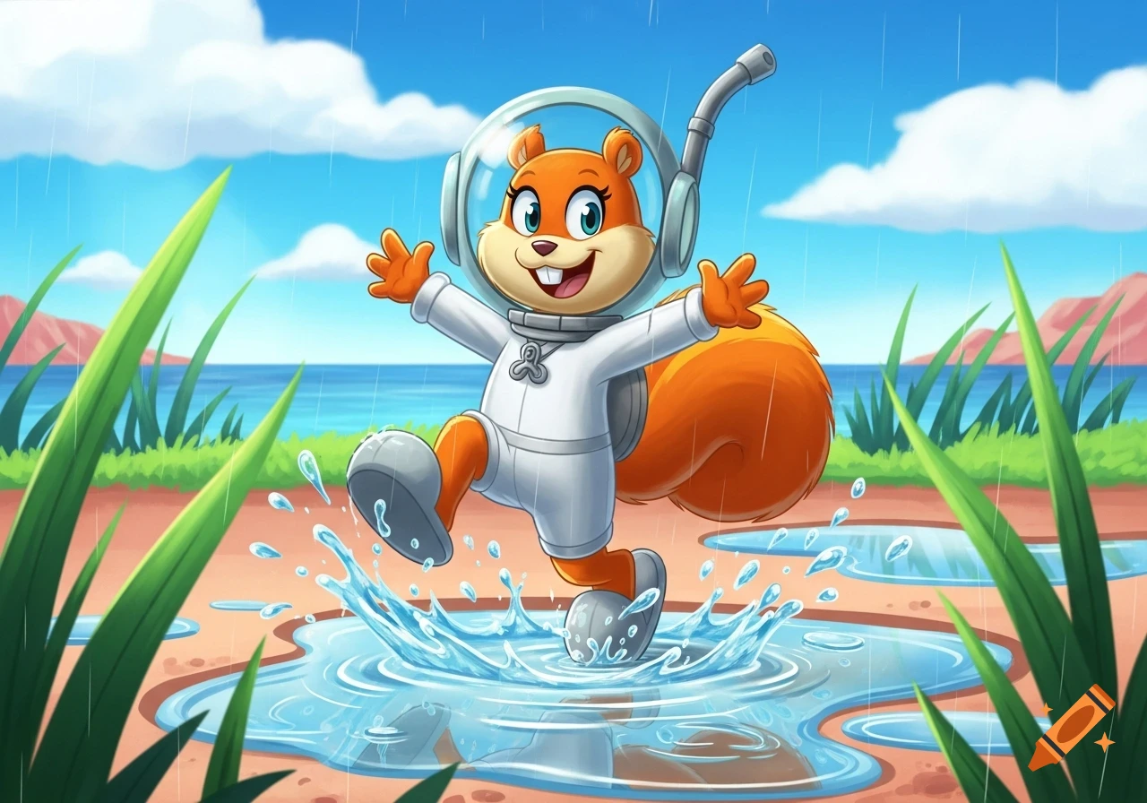 Sandy Cheeks, a cartoon squirrel in a white space suit, joyfully splashes in puddles on a beach under a blue sky.