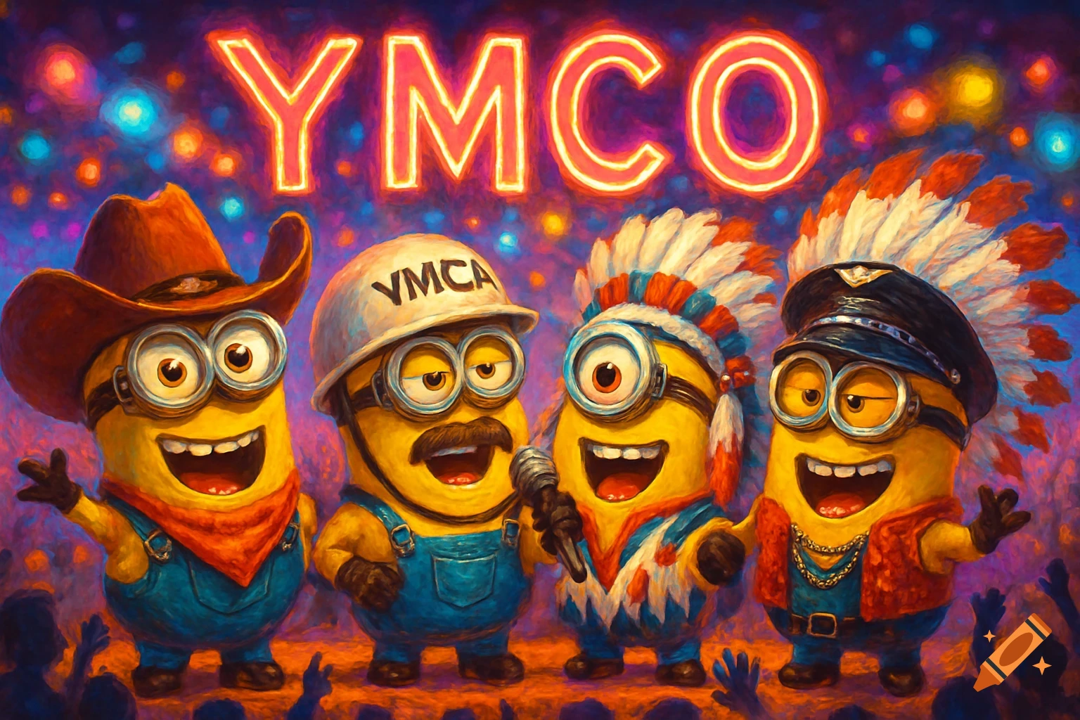Four Minions dressed as the Village People (cowboy, construction worker, Native American, biker) singing on a stage with neon "YMCO" text above them, in a vibrant painterly style.