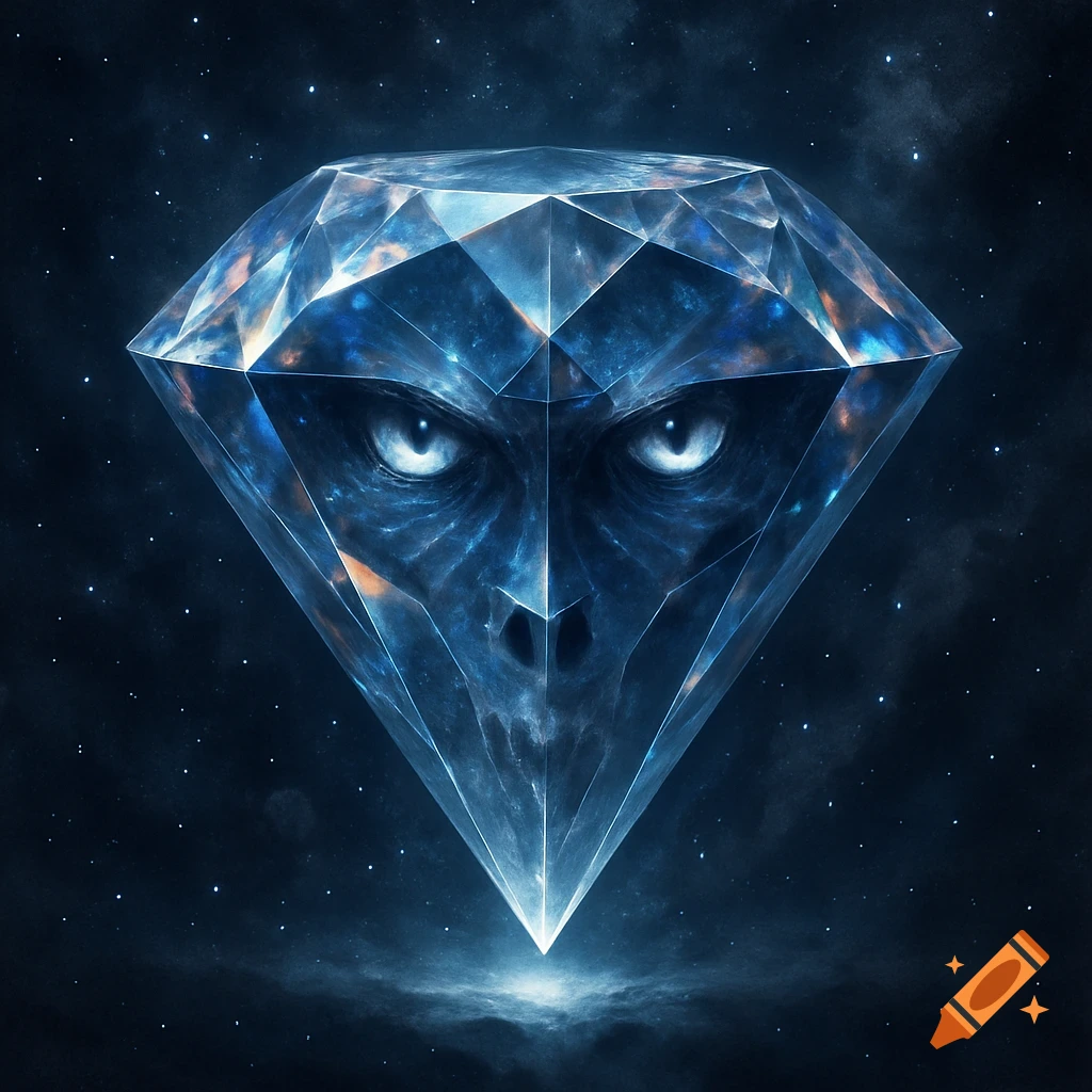 A large, faceted blue diamond with a skull-like face and glowing white eyes embedded within it, set against a dark, cosmic starfield.