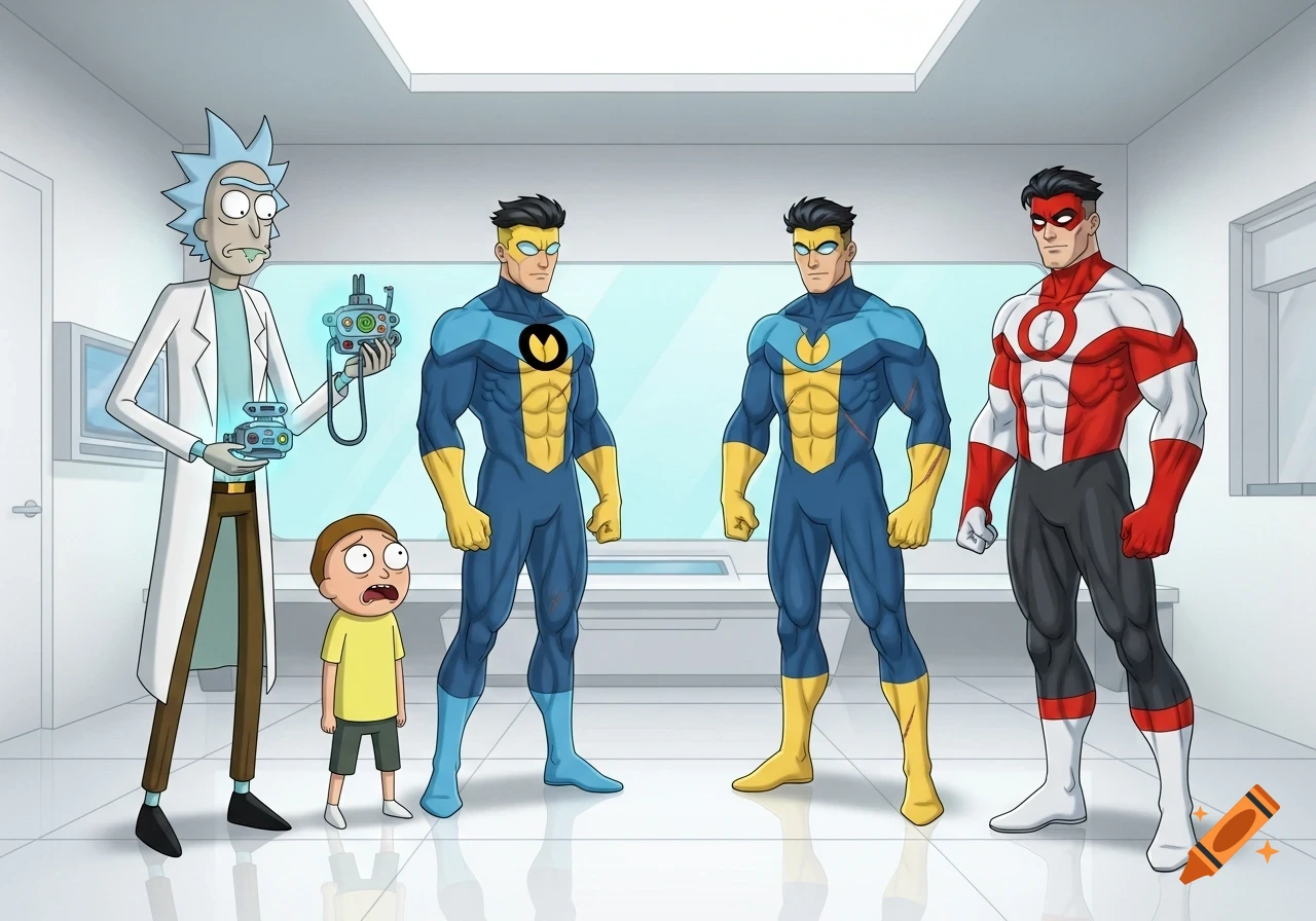 Rick and Morty stand with Invincible and Omniman in a white room, rendered in a 2D cartoon style.