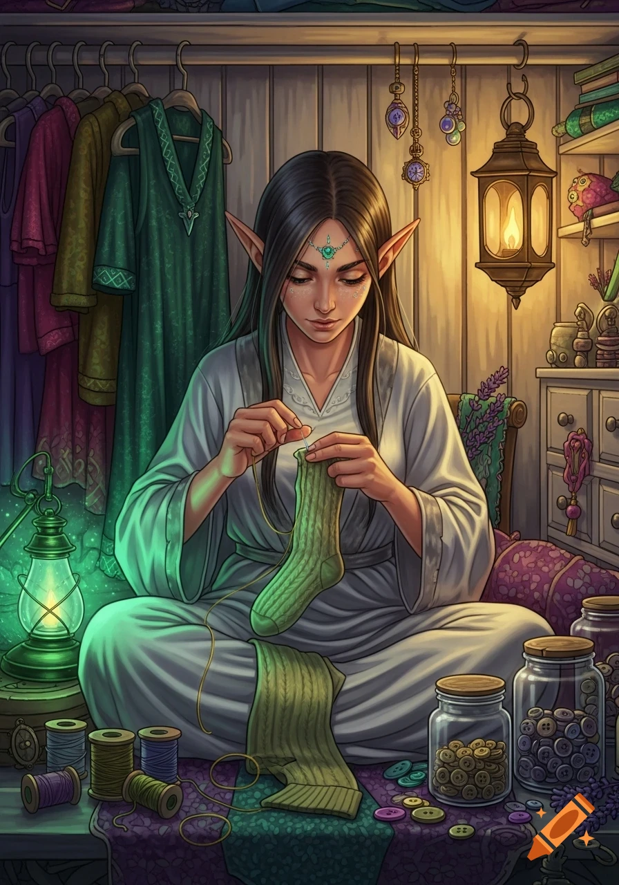 A fantasy illustration of an elf sewing a green sock in a closet, surrounded by clothes, spools, buttons, and lanterns.