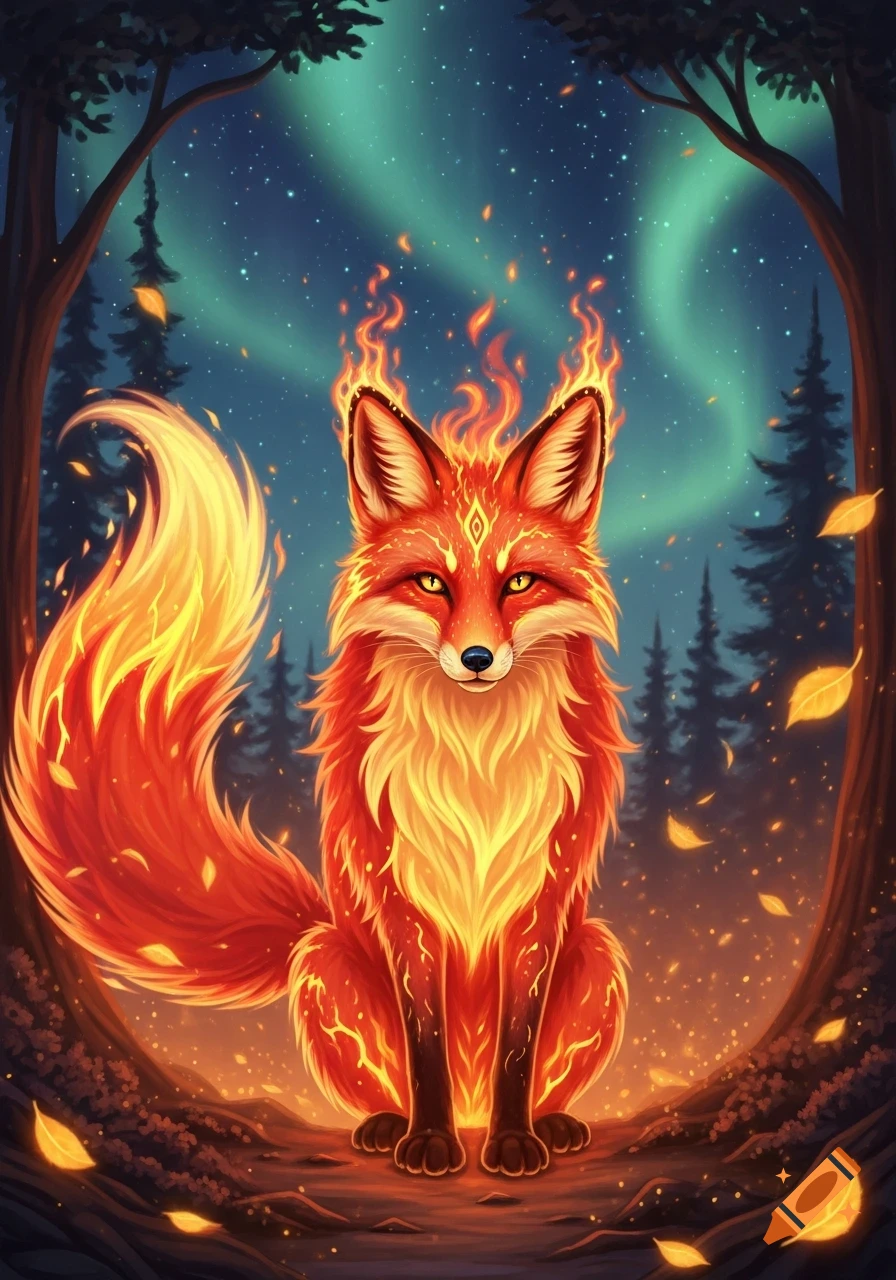 A majestic fox with a fiery mane and tail sits in a mystical forest under a starry night sky with northern lights, fantasy art style.