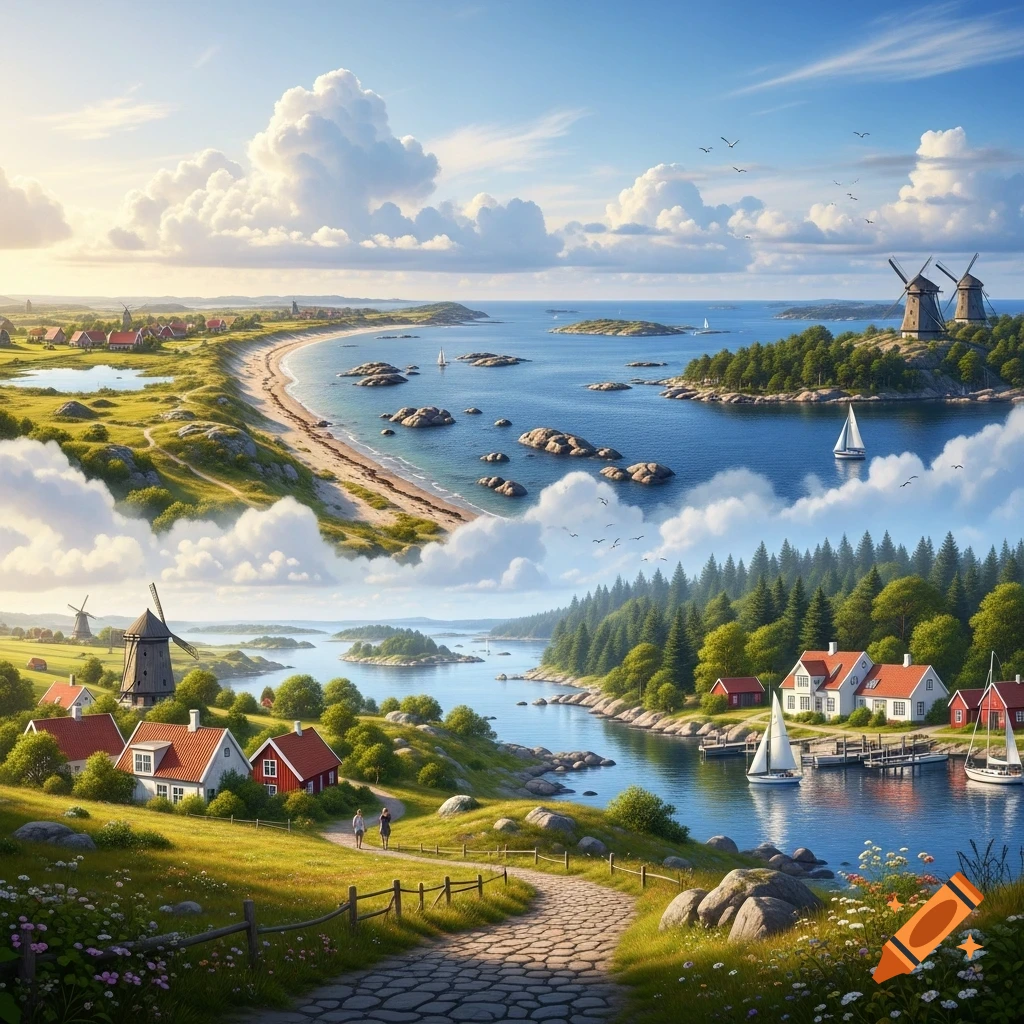 Vibrant illustration of a scenic coastal landscape featuring villages, windmills, boats, and a winding path under a cloudy sky.