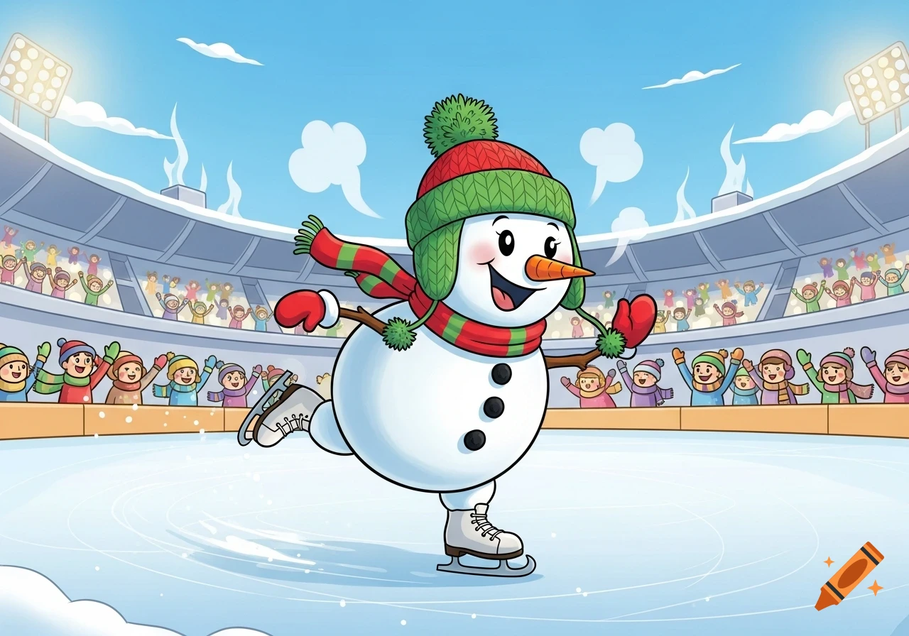 A cheerful cartoon snowman wearing a green and red hat and scarf, ice skating in a stadium filled with cheering cartoon spectators.