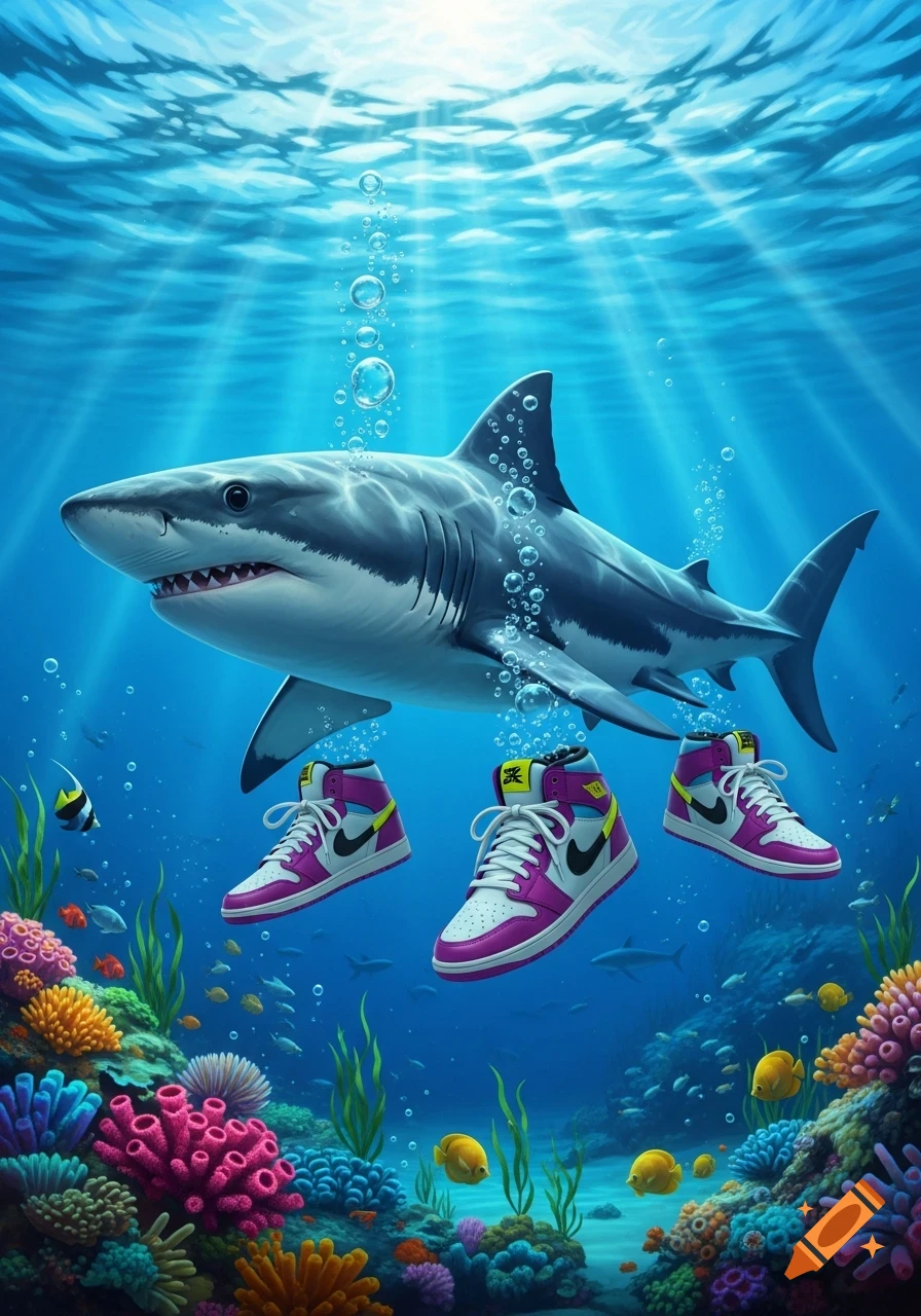 A cartoonish shark with purple and white high-top sneakers instead of lower fins, swimming in clear blue ocean water over a colorful coral reef with fish and sunrays.