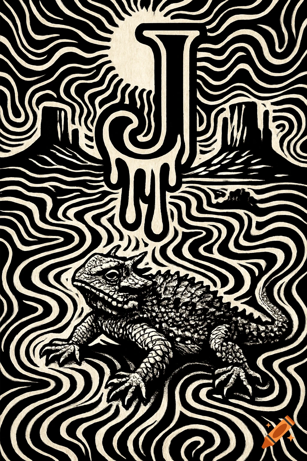 Black and white psychedelic line art of a horned toad lizard, a melting letter J, and desert landscape with wavy patterns.