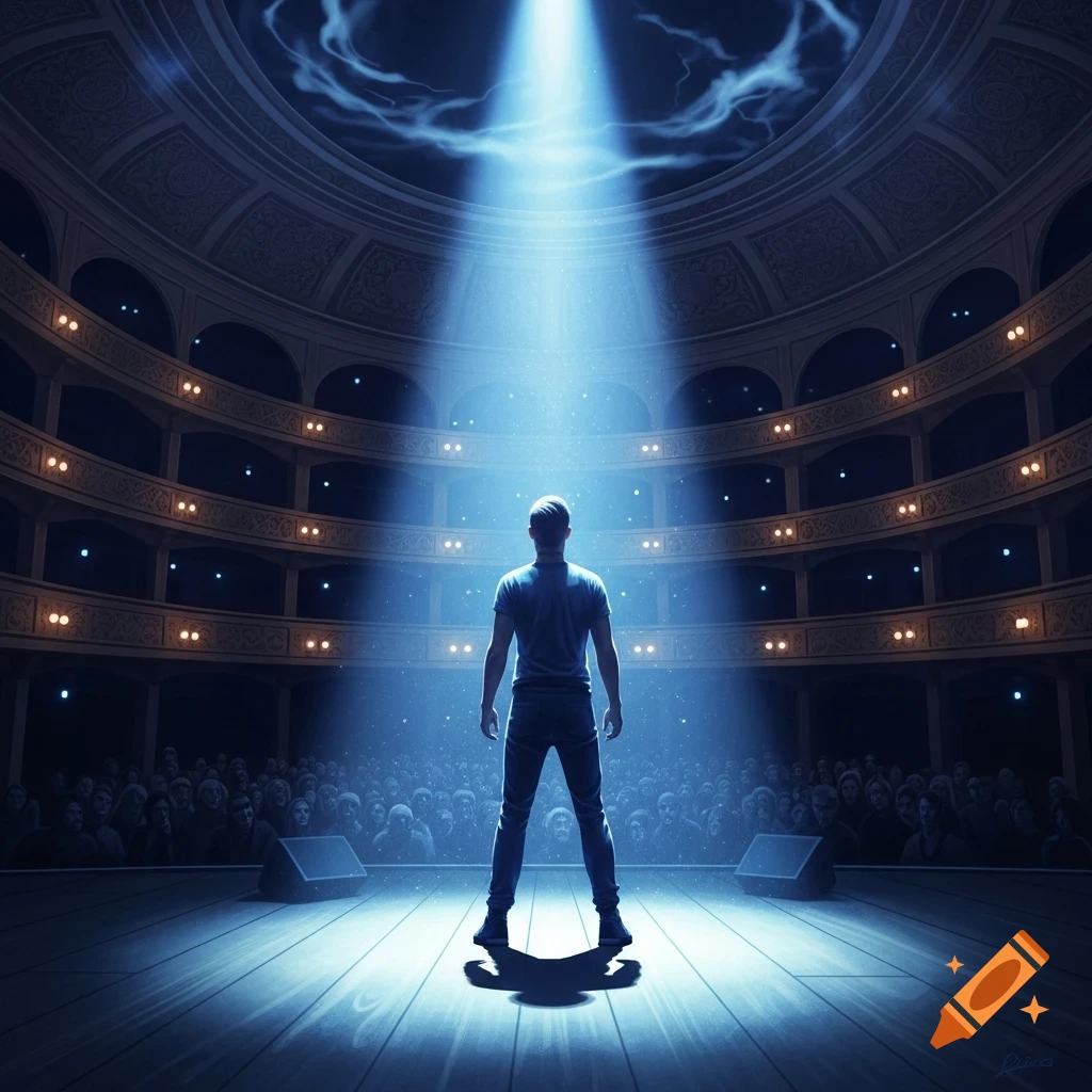 A person stands on a dimly lit stage in a grand theater, illuminated by a bright blue spotlight from above, facing an unseen audience.