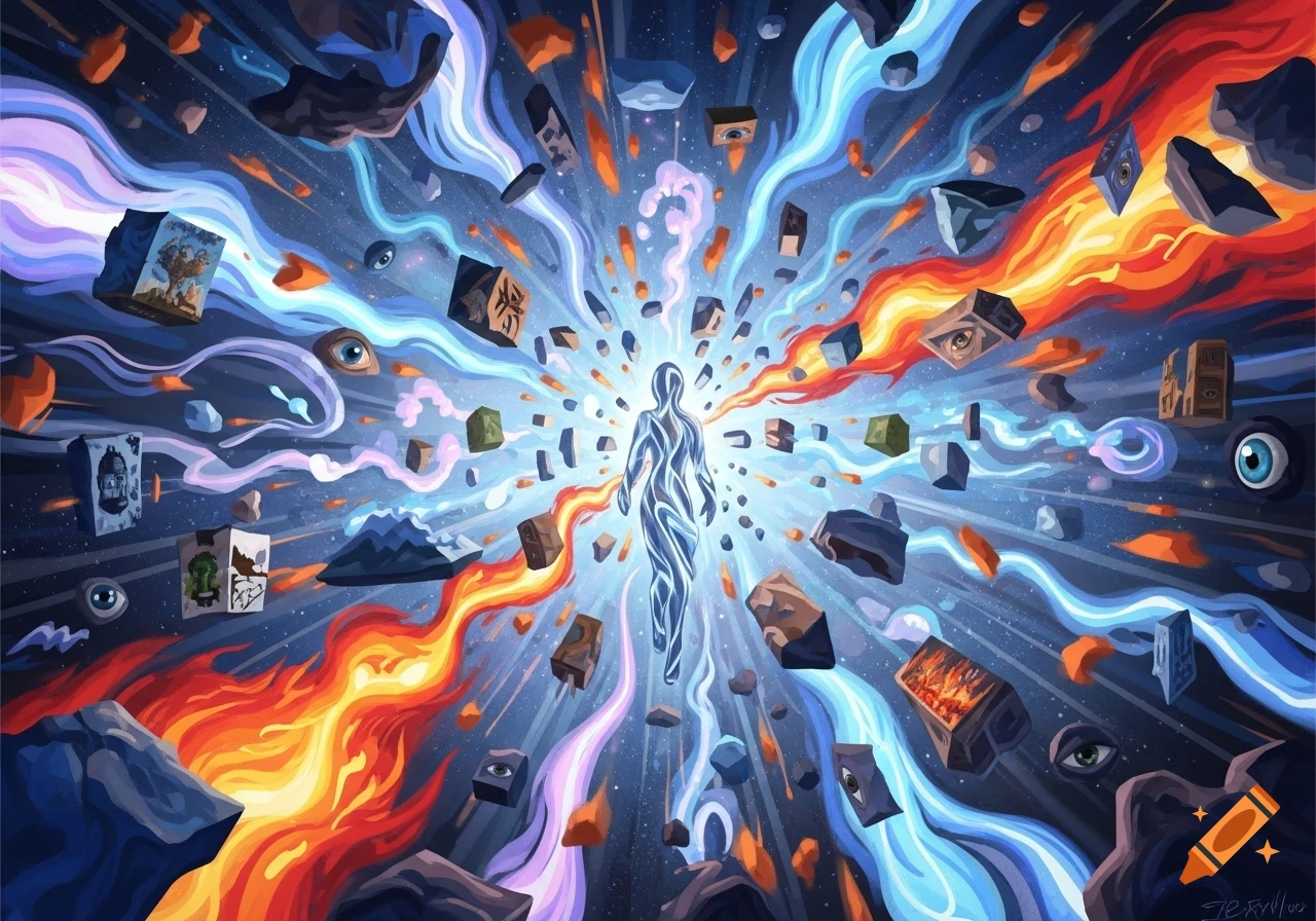 An abstract, psychedelic artwork showing a glowing human figure in a cosmic vortex of colorful energy streams, floating debris, and disembodied eyes.