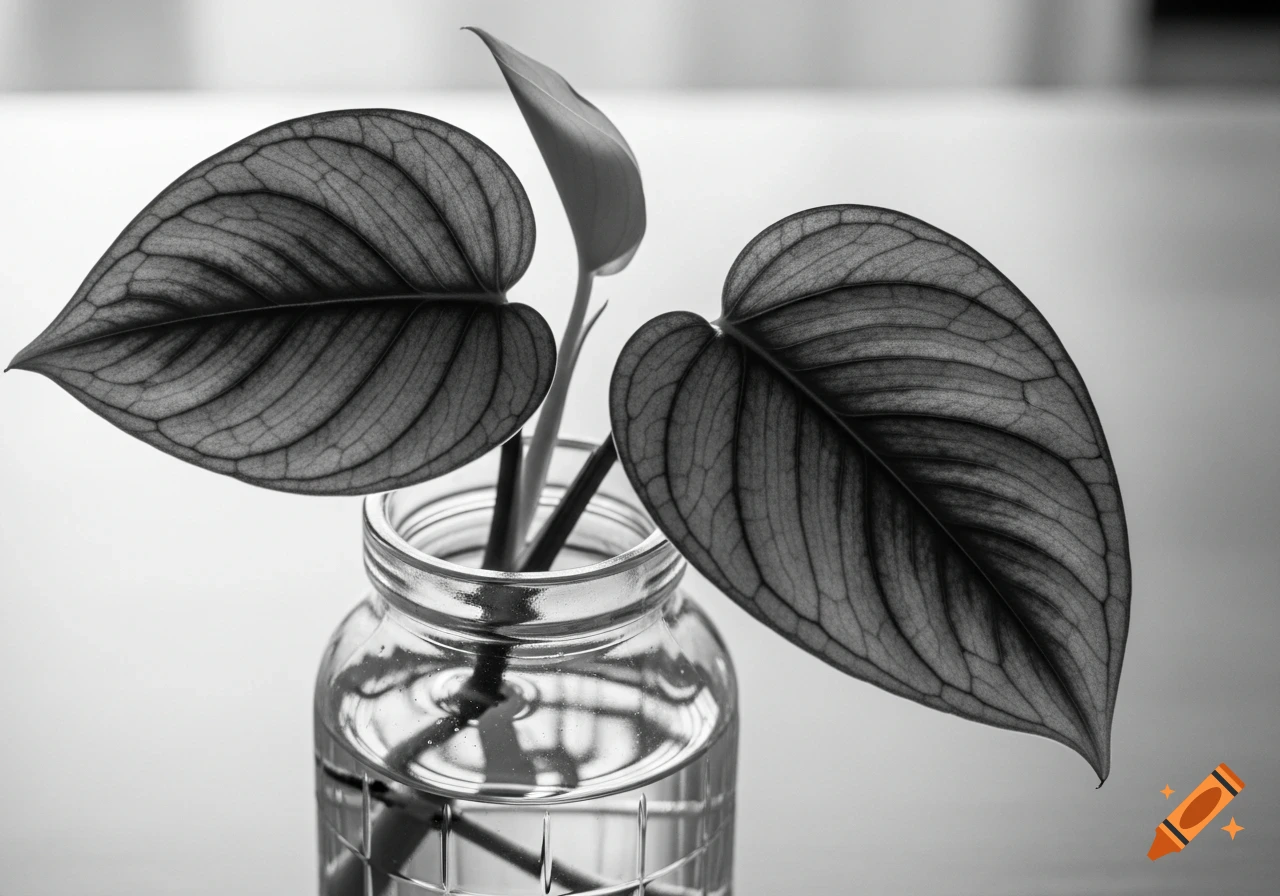 A monochrome close-up of a pothos plant cutting with large leaves in a clear glass jar filled with water.