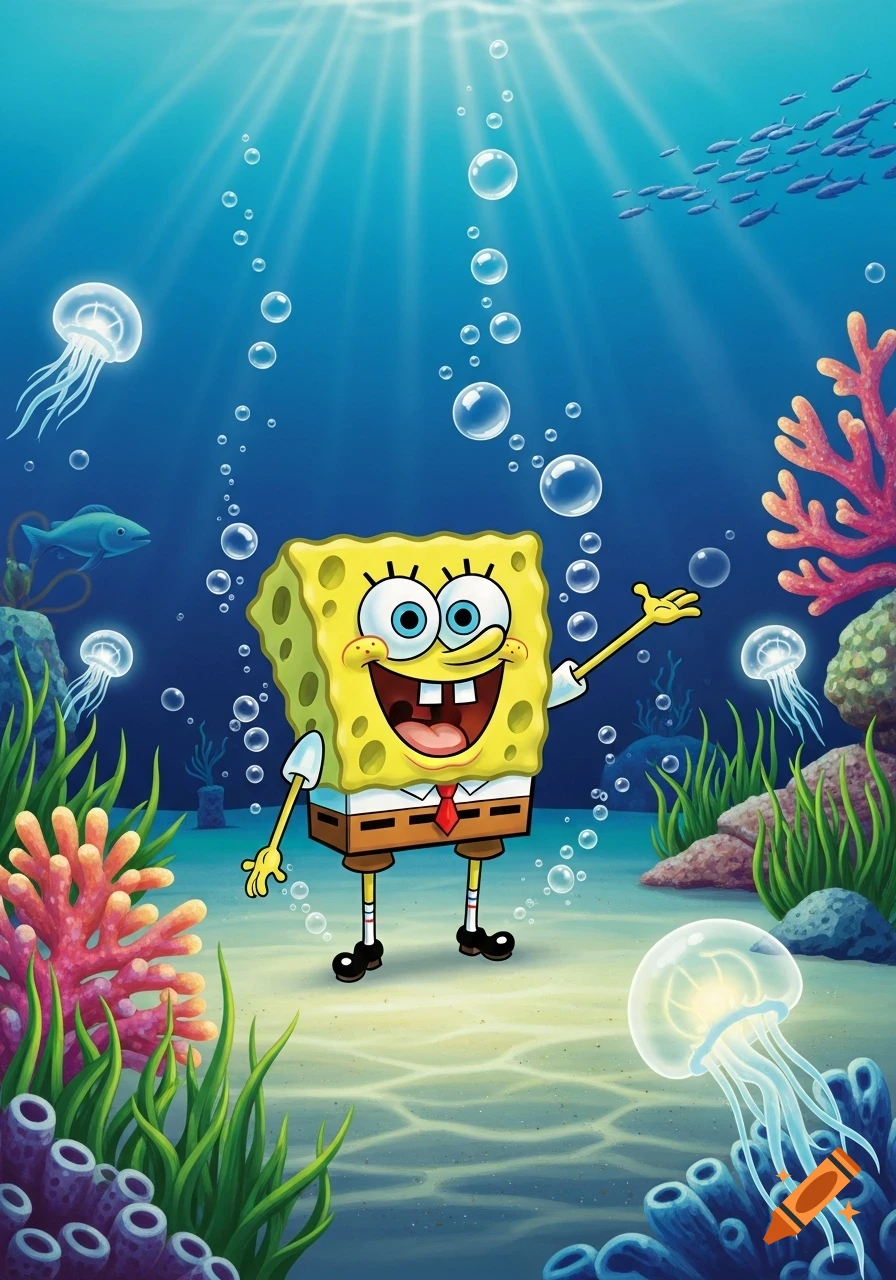 SpongeBob SquarePants smiling and waving underwater with jellyfish, fish, and coral.