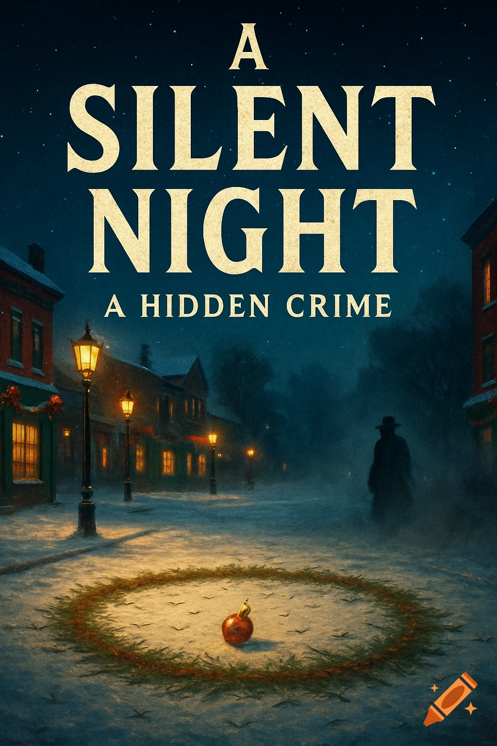 Book cover for 'A SILENT NIGHT A HIDDEN CRIME' showing a snowy street at night with glowing lamps and a distant figure.