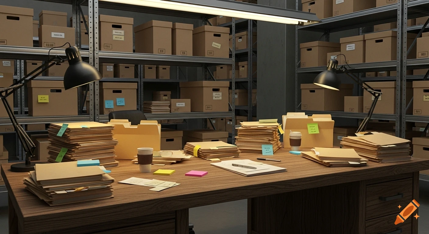 Photorealistic image of a cluttered wooden desk with piles of files, coffee cups, and papers, in front of industrial steel shelves stacked with cardboard boxes.