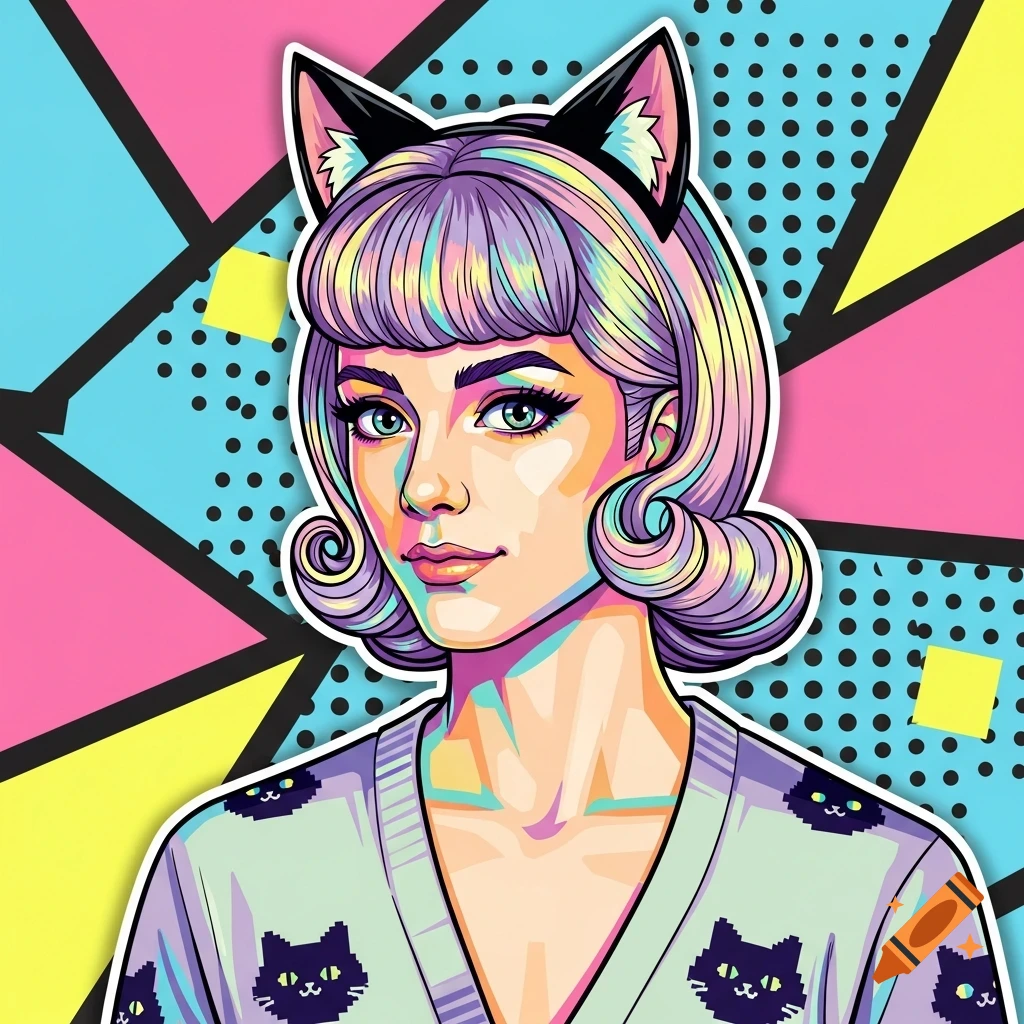 Pop art illustration of a person with purple hair, cat ears, and a sweater with cat faces, against a colorful geometric background.