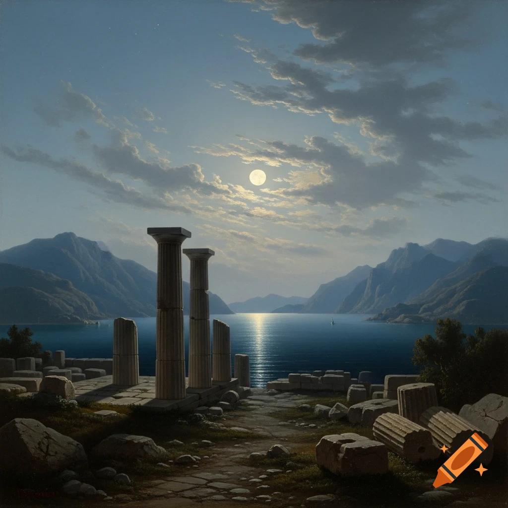 A moonlit romantic era painting of ancient Greek columns and rubble by a calm, mountainous Aegean Sea, reflecting moonlight.