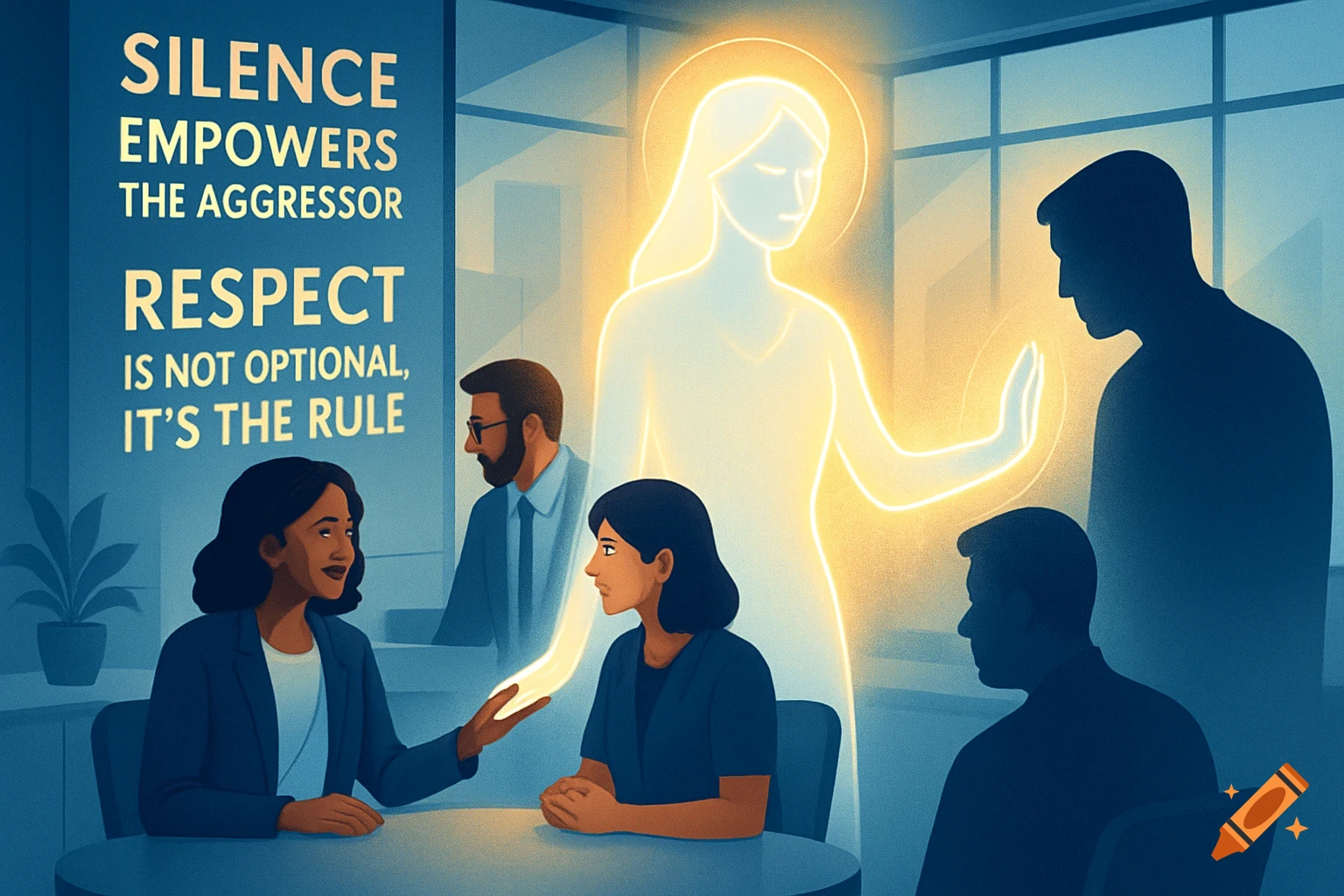 A symbolic illustration of an office scene where a glowing female figure stands between a dark male silhouette and diverse colleagues. Text reads: "SILENCE EMPOWERS THE AGGRESSOR RESPECT IS NOT OPTIONAL, IT'S THE RULE."