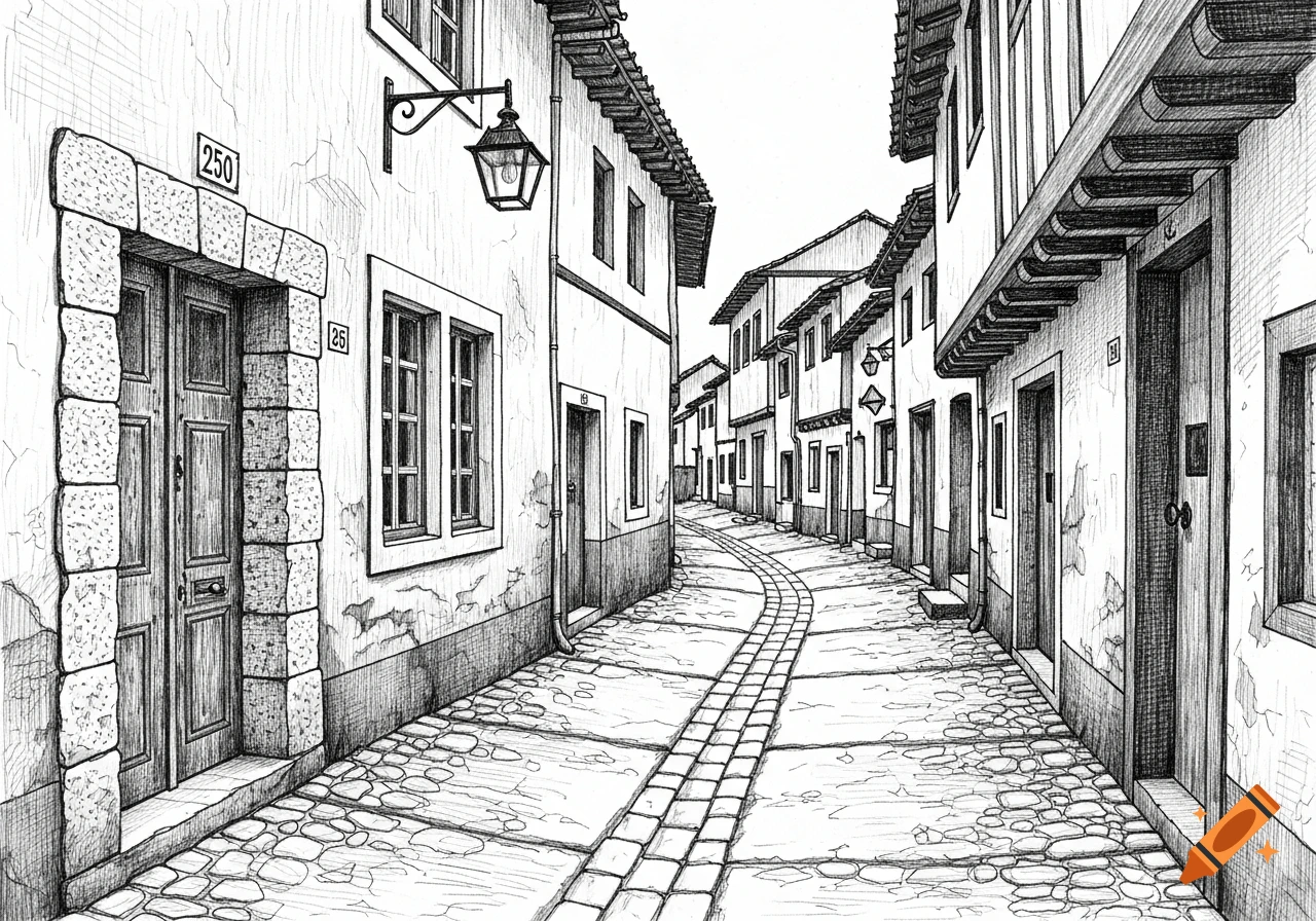 A black and white pencil drawing of a narrow, winding village street with cobblestones, old buildings, windows, and streetlights.