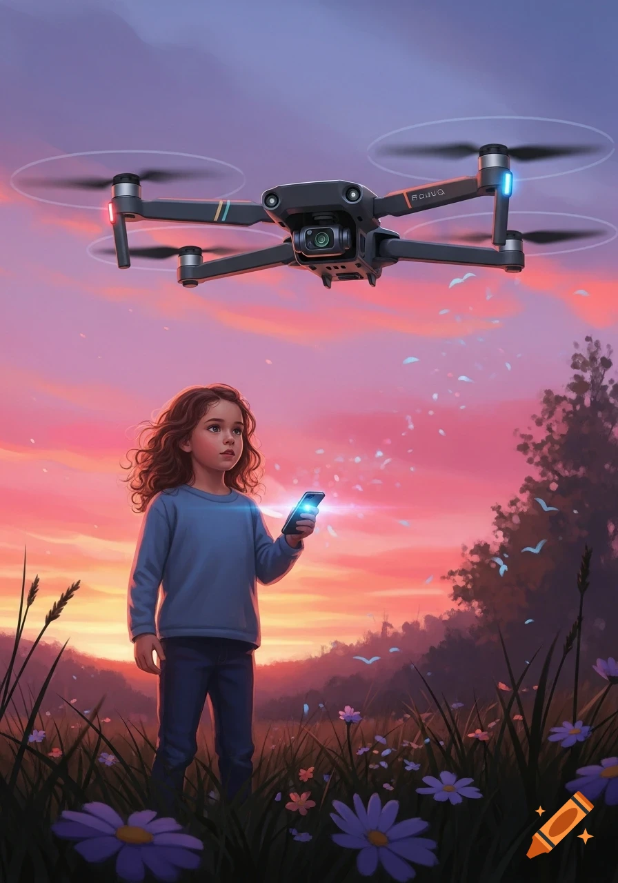 A girl stands in a field at sunset, looking up at a flying drone while holding a glowing phone. Illustration.