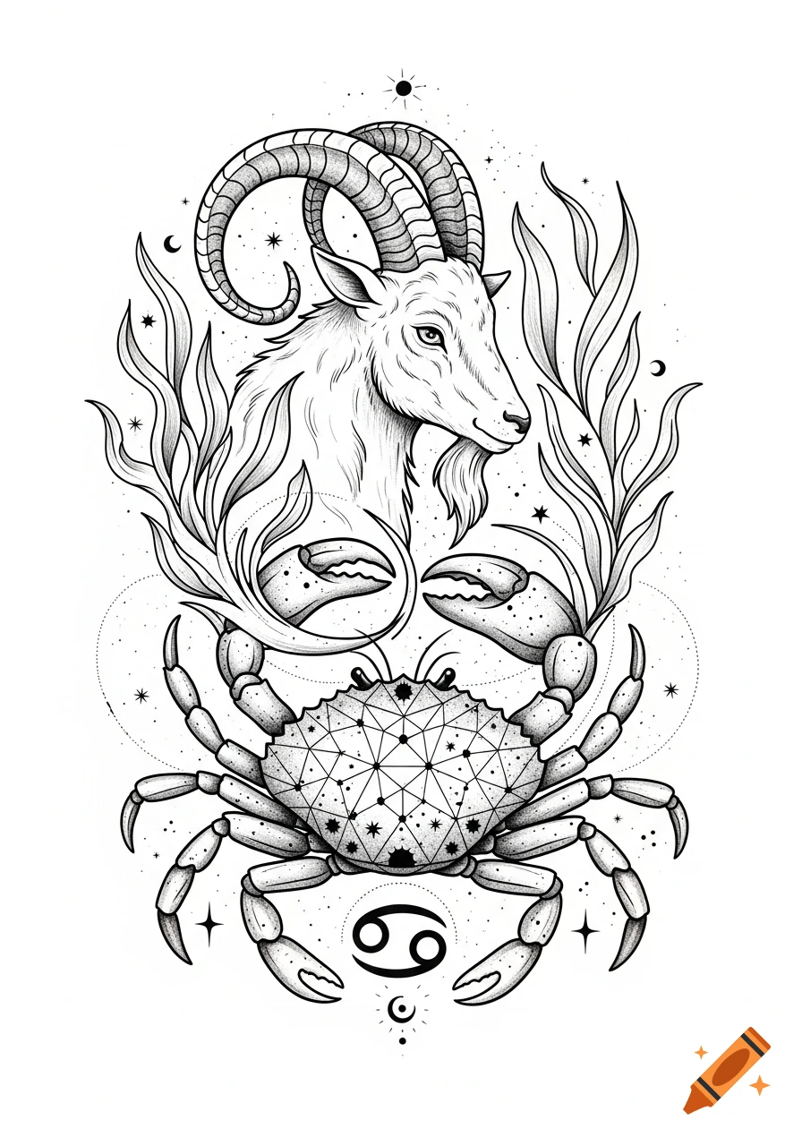 Black and white line art tattoo design of a Capricorn goat and a Cancer crab, adorned with celestial elements.