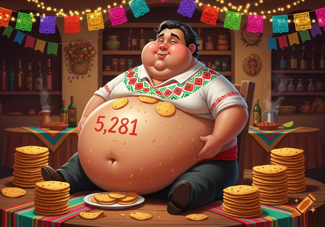 Cartoon of an extremely obese man in a festive Mexican setting, with the number 5,281 on his belly and surrounded by piles of tortillas.