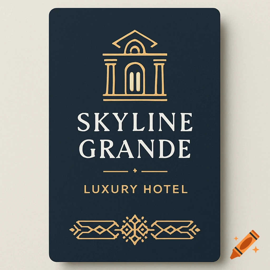 An elegant dark blue business card with a gold line art building icon and text 'SKYLINE GRANDE LUXURY HOTEL' and decorative patterns.