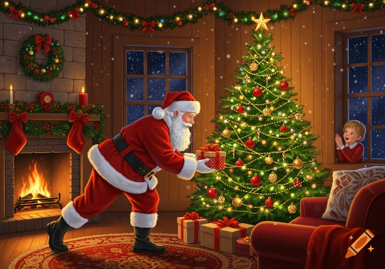 Santa Claus places a gift under a brightly lit Christmas tree in a cozy room with a fireplace, as a child watches from a window.