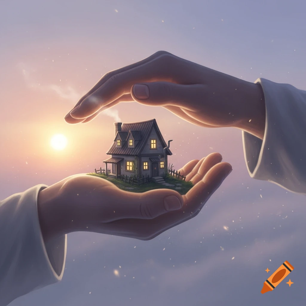 Two large, human-like hands gently hold a tiny, charming house with glowing windows against a soft, glowing sunset sky.